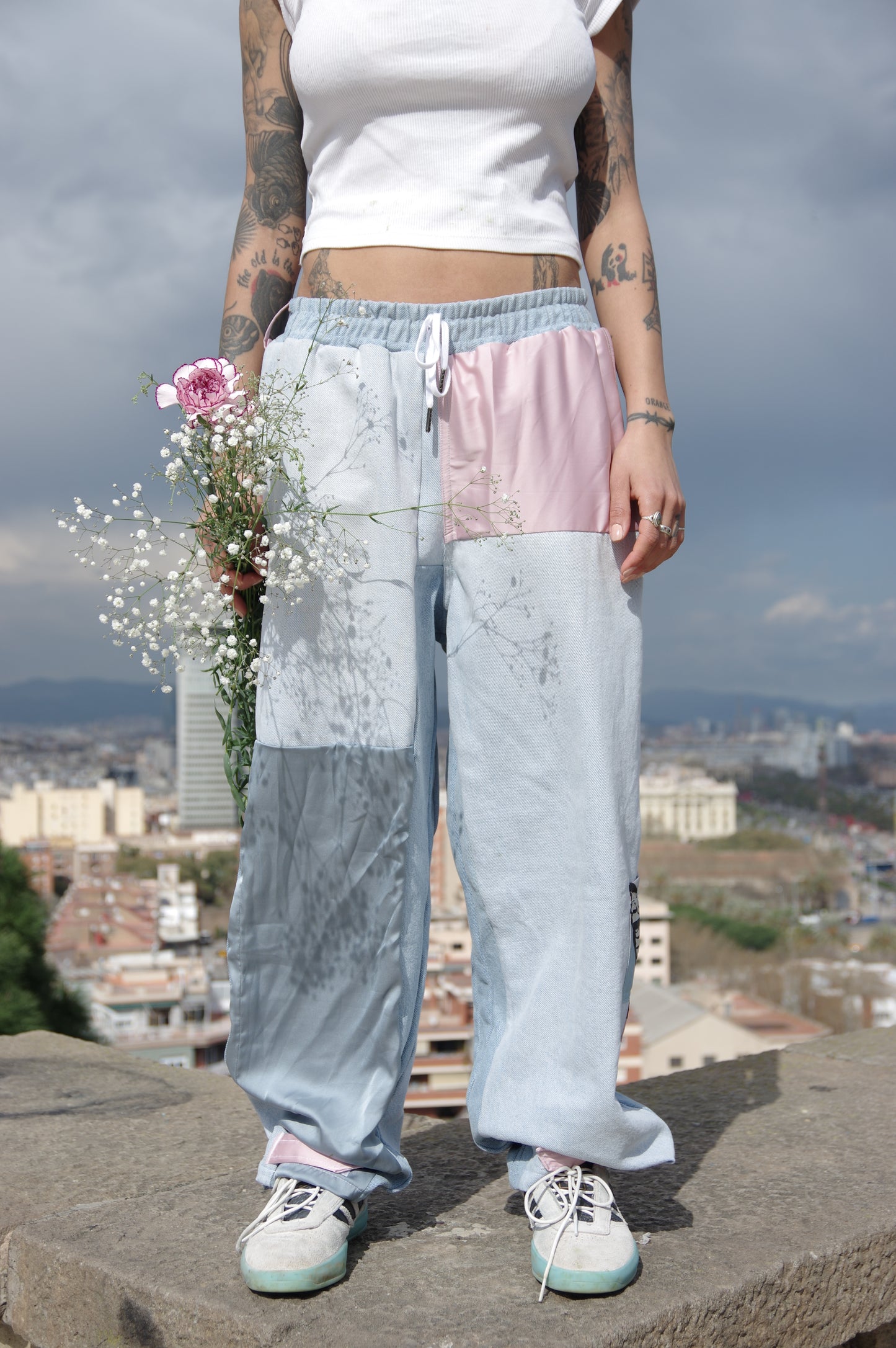 PANTS SAKURA - WASHED DENIM/PINK AND BLUE POLYESTER - ONE SIZE