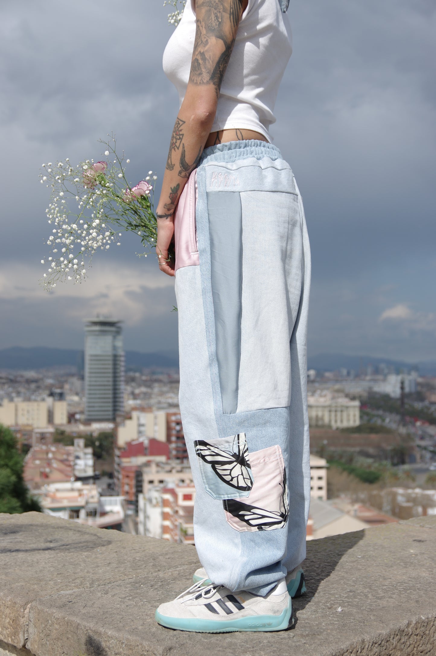 PANTS SAKURA - WASHED DENIM/PINK AND BLUE POLYESTER - ONE SIZE