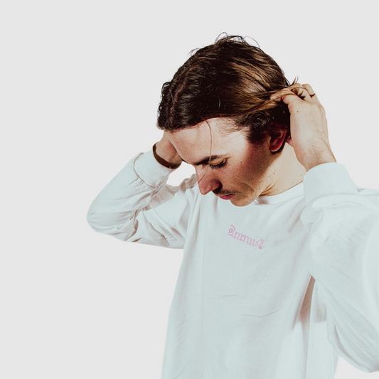 white/pink ls tee on a model 